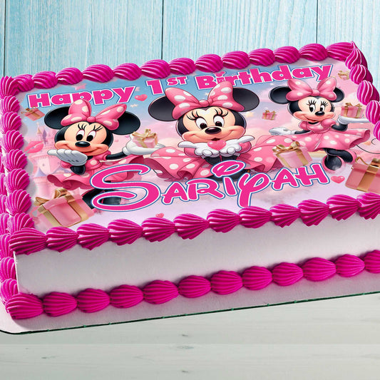 Jedlá ozdoba na dort s motivem narozenin Minnie Mouse - obdélníkový design - oplatkový papír, cukrový plát, čokoládový transfer