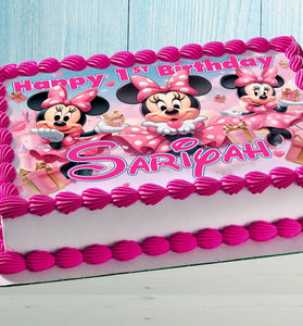Minnie Mouse Birthday Themed Edible Cake Topper - Rectangular Design - Wafer Paper, Sugar Sheet, Chocotransfer