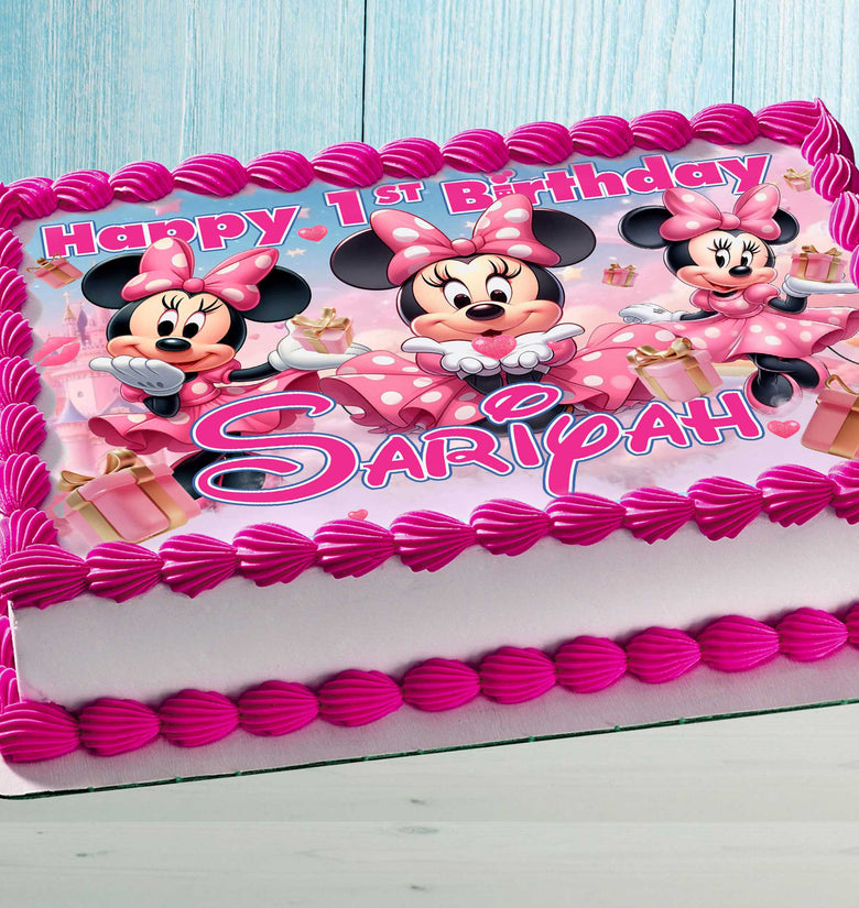 Minnie Mouse Birthday Themed Edible Cake Topper - Rectangular Design - Wafer Paper, Sugar Sheet, Chocotransfer