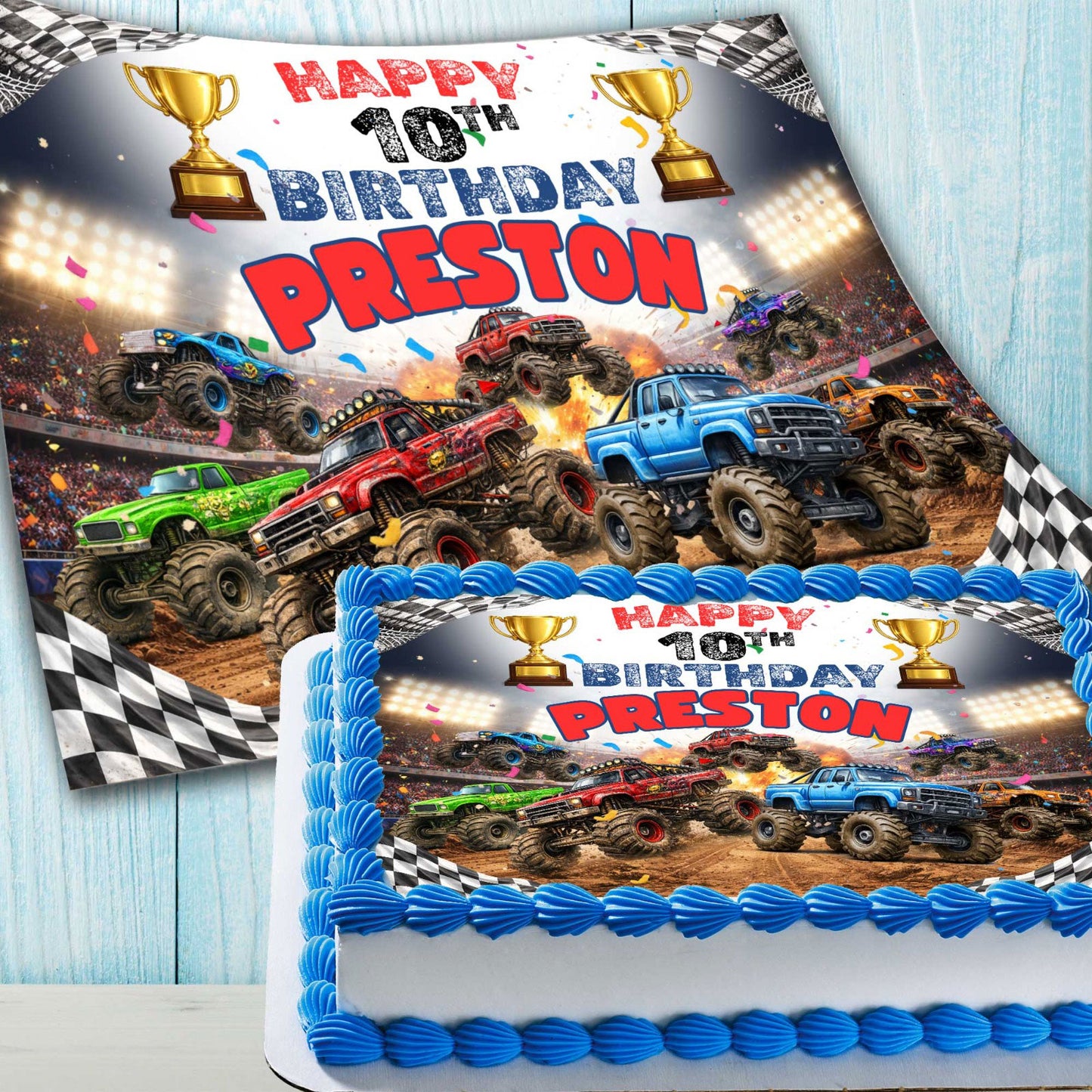 Personalized monster truck cake topper with name and age
