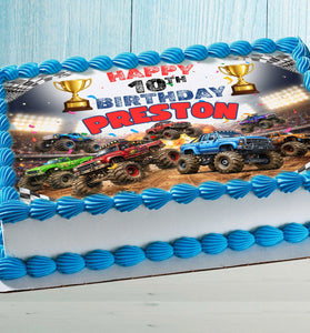 Monster truck birthday cake topper with name on blue kids cake