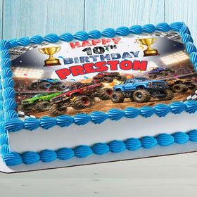Monster truck birthday cake topper with name on blue kids cake