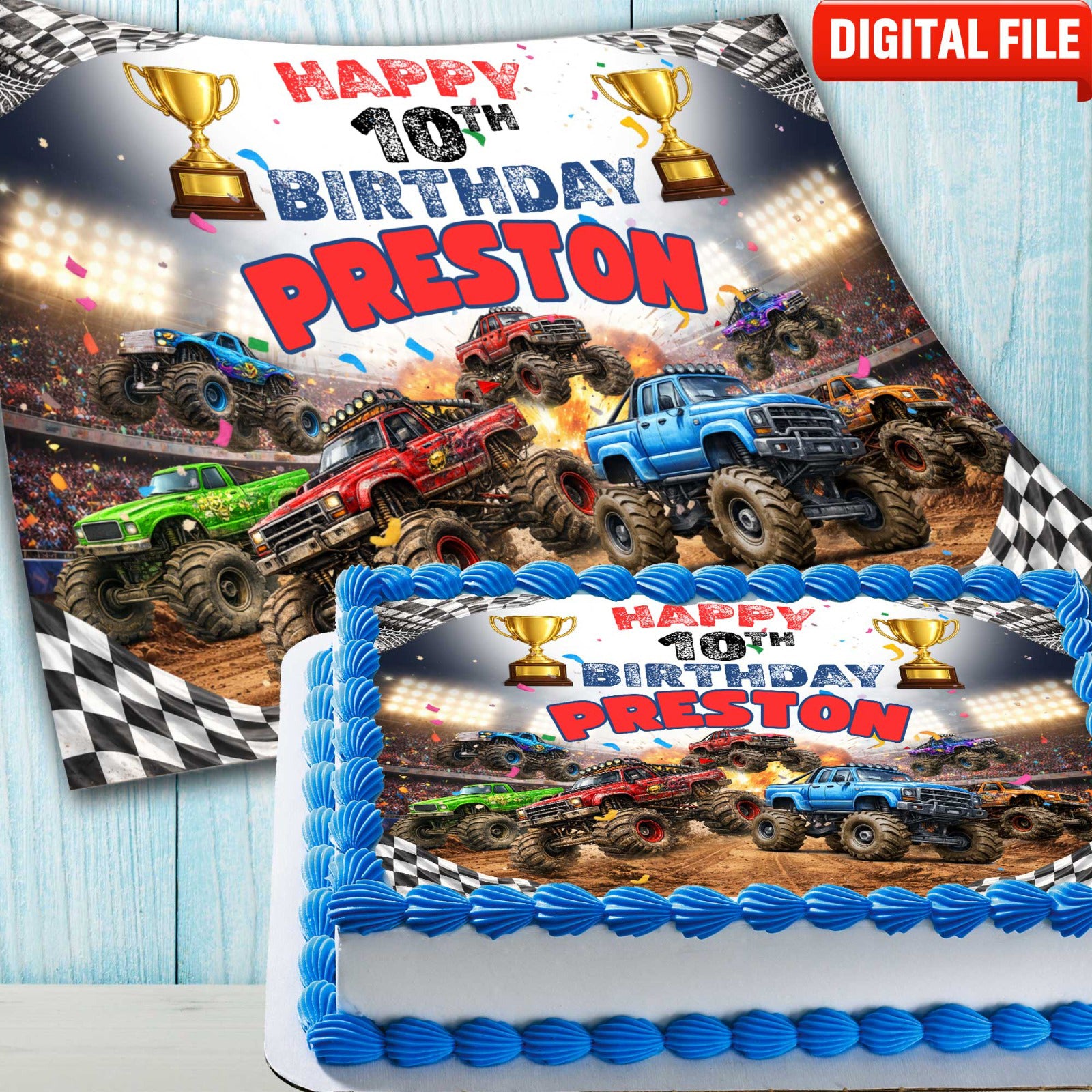 Monster truck themed edible cake topper design for boys birthday
