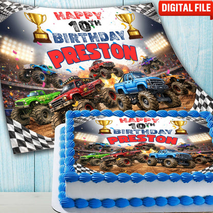 Monster truck themed edible cake topper design for boys birthday