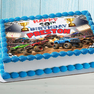 Monster truck birthday cake topper with name on blue kids cake