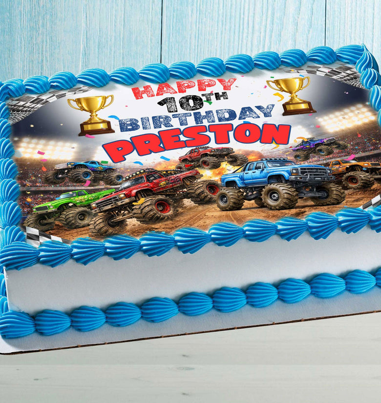 Monster truck birthday cake topper with name on blue kids cake