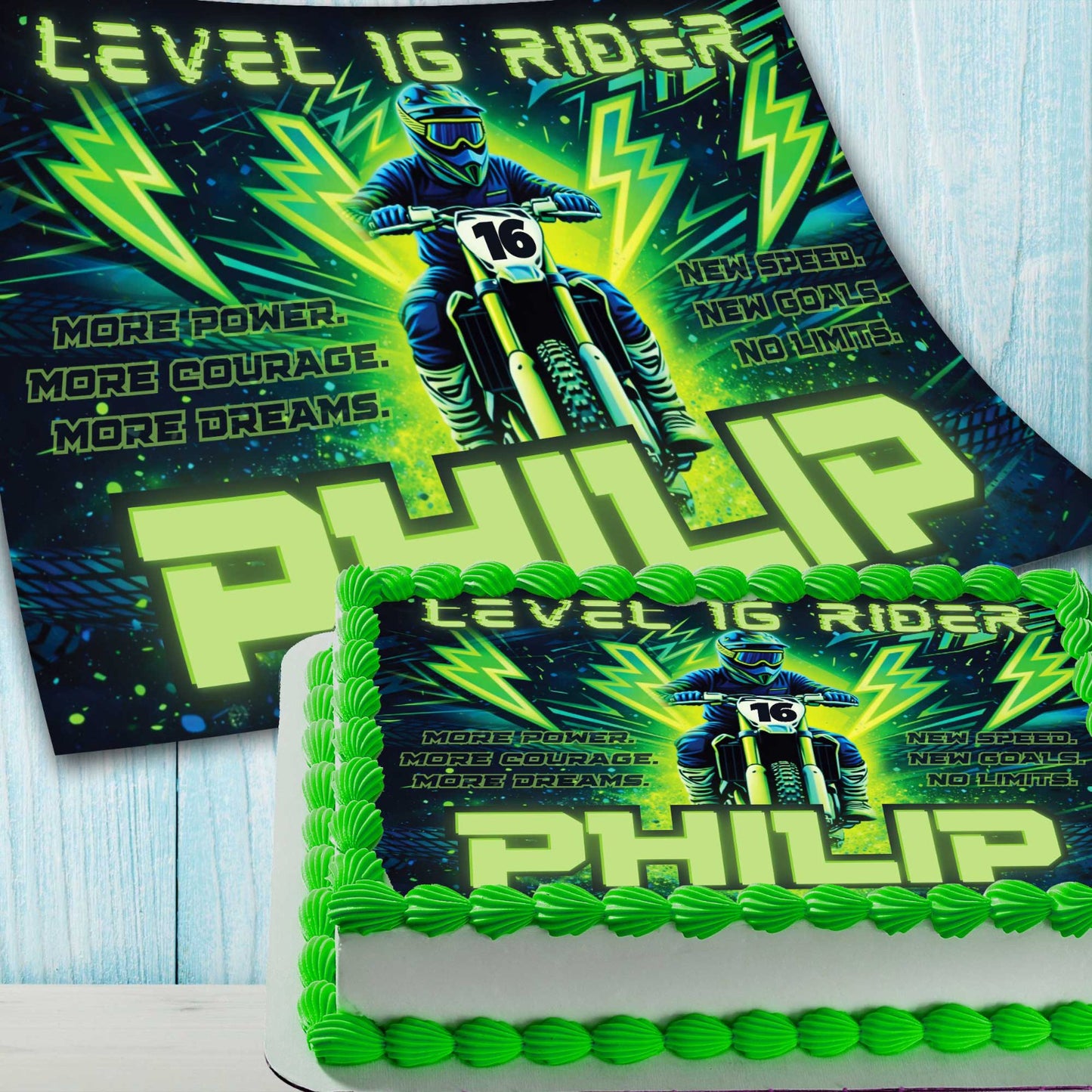 Motocross rider birthday cake topper design, printable digital file with bold green racing graphics