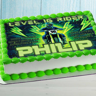Personalized motocross cake topper on birthday cake, rider theme with name and age