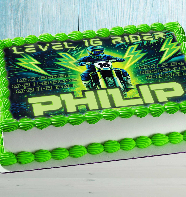 Personalized motocross cake topper on birthday cake, rider theme with name and age