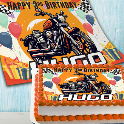 Motorcycle Birthday Cake Topper – Edible Image for Kids Party – Custom Name & Age – Wafer, Sugar Sheet, Chocotransfer