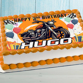 Motorcycle Birthday Cake Topper – Edible Image for Kids Party – Custom Name & Age – Wafer, Sugar Sheet, Chocotransfer