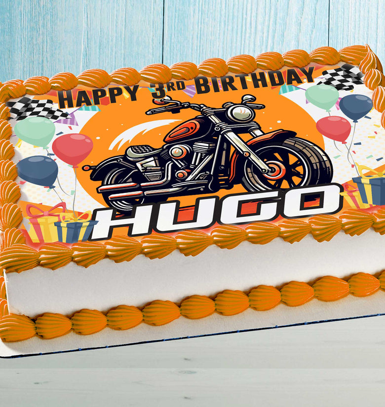Motorcycle Birthday Cake Topper – Edible Image for Kids Party – Custom Name & Age – Wafer, Sugar Sheet, Chocotransfer