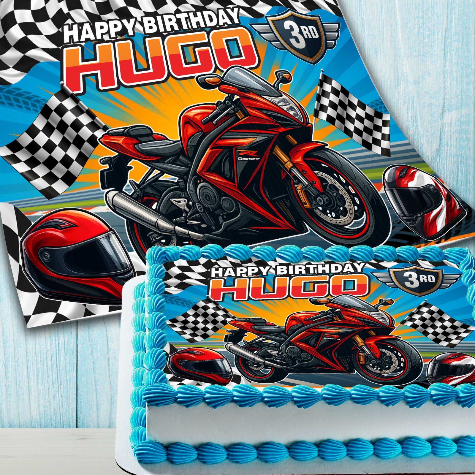 Racing motorcycle edible image cake topper design for kids birthday party