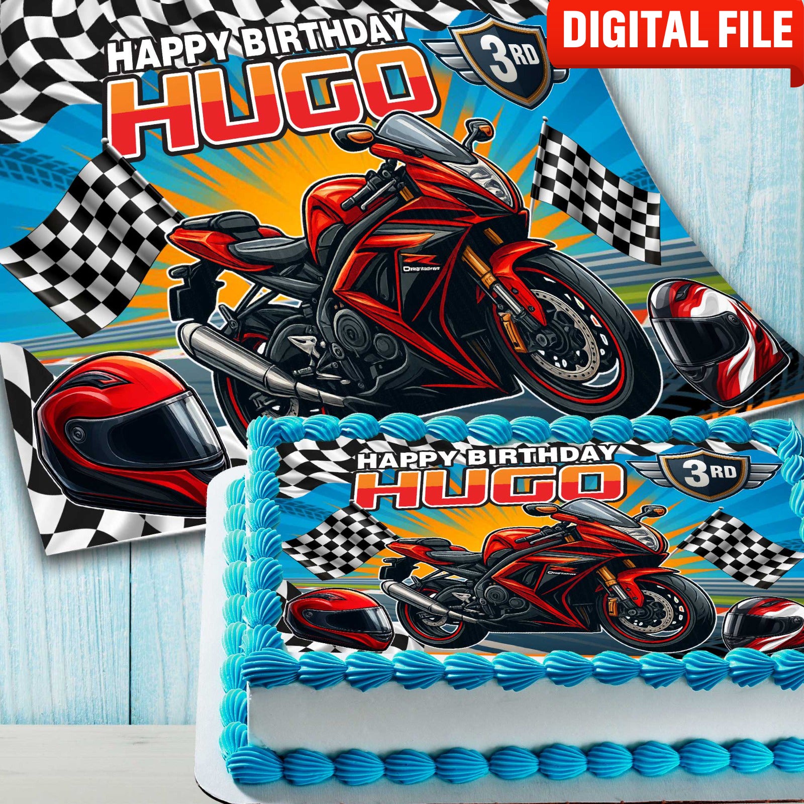 Racing Motorcycle Cake Topper – Digital Download & Canva Template – Decorua
