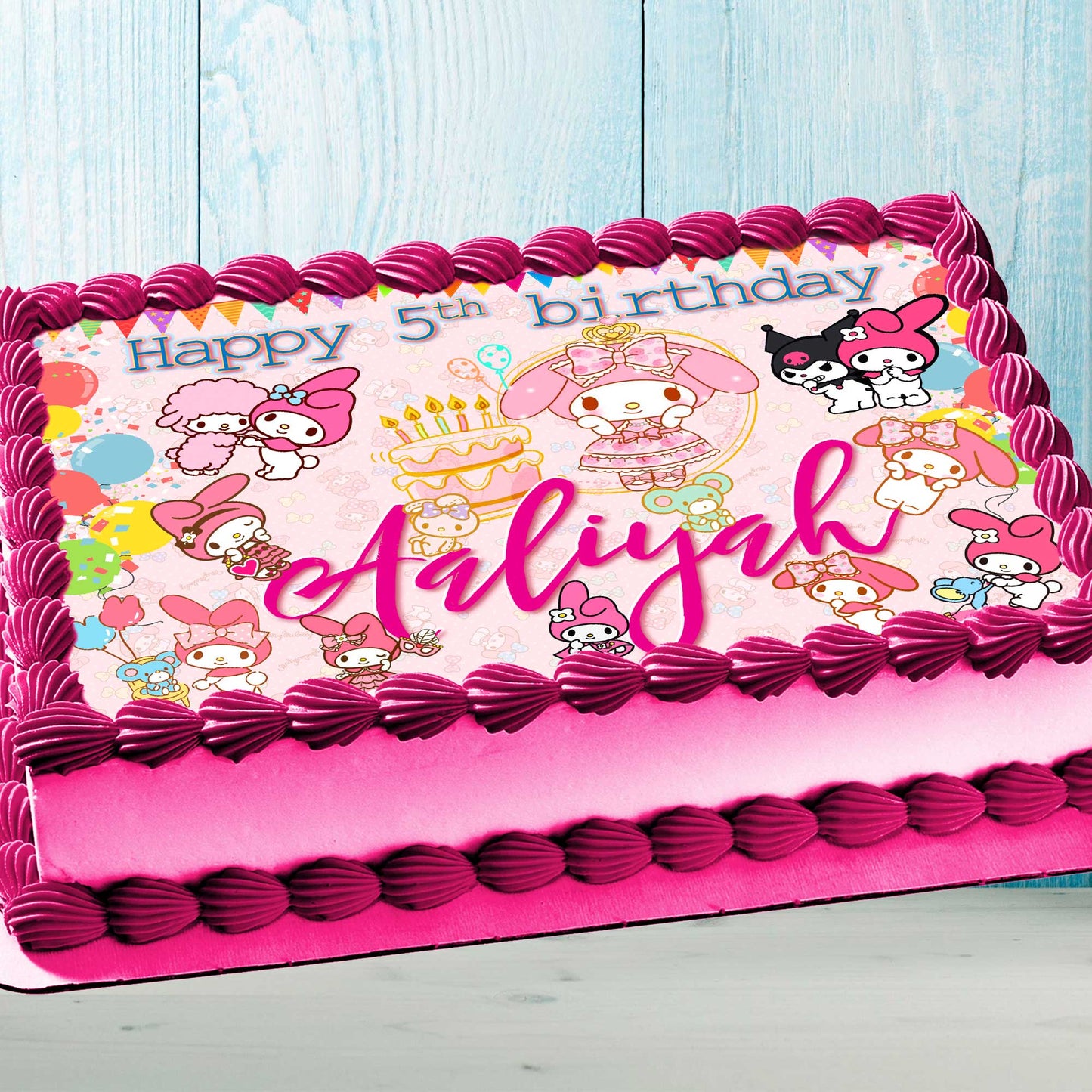 My Melody-Hello Kitty Wiki Birthday Themed Edible Cake Topper - Rectangular Design - Wafer Paper, Sugar Sheet, Chocotransfer