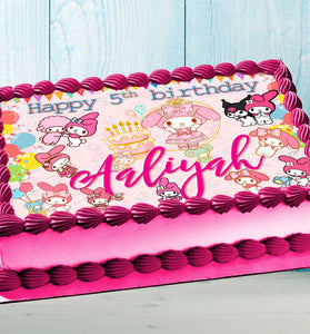 My Melody-Hello Kitty Wiki Birthday Themed Edible Cake Topper - Rectangular Design - Wafer Paper, Sugar Sheet, Chocotransfer