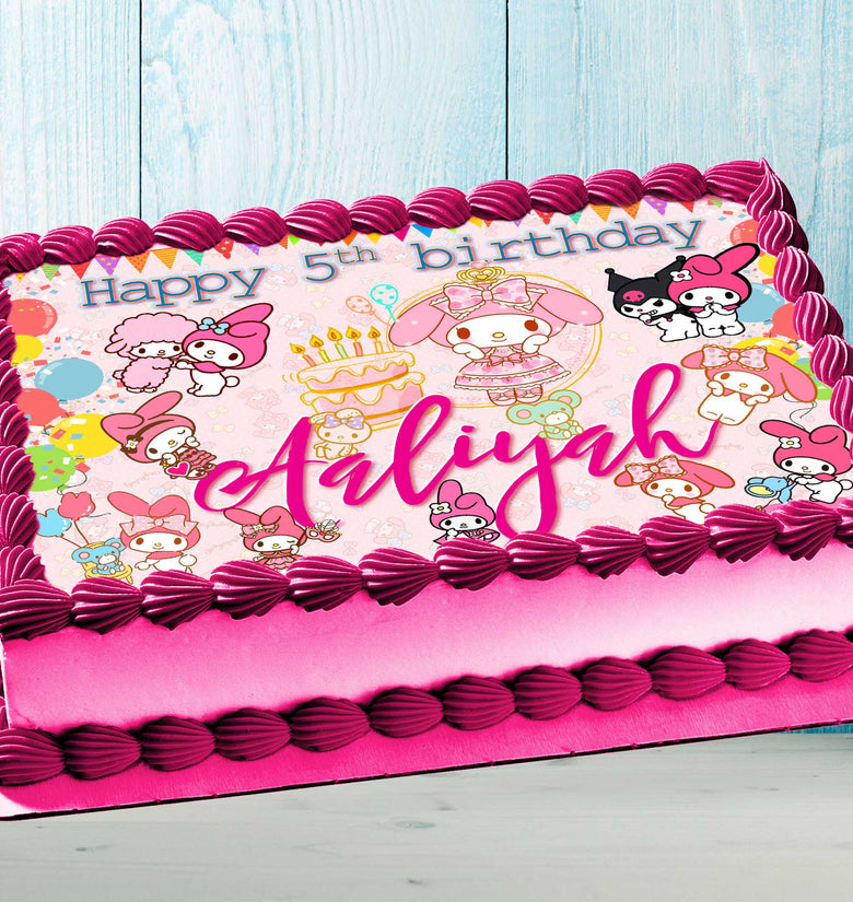 My Melody-Hello Kitty Wiki Birthday Themed Edible Cake Topper - Rectangular Design - Wafer Paper, Sugar Sheet, Chocotransfer