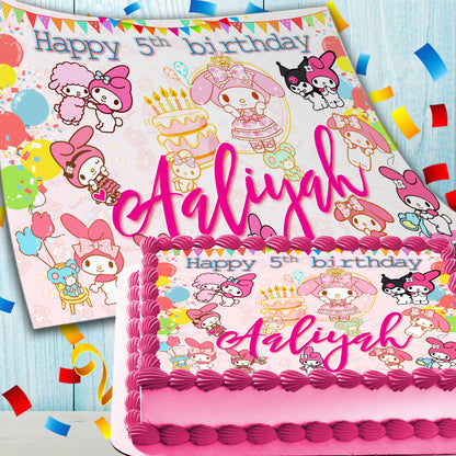 My Melody-Hello Kitty Wiki Birthday Themed Edible Cake Topper - Rectangular Design - Wafer Paper, Sugar Sheet, Chocotransfer