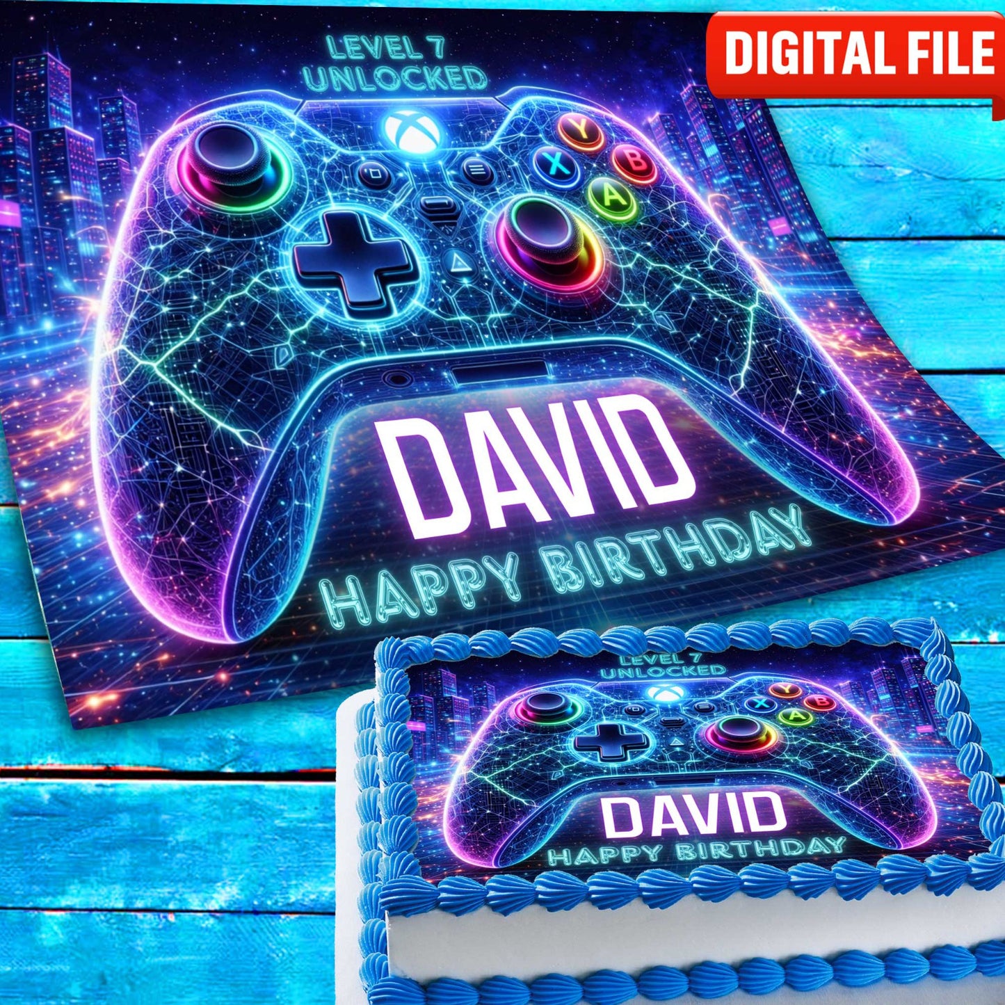 Neon Gamer Cake Topper – Edible Image for Kids Birthday Party, Gaming Controller Design
