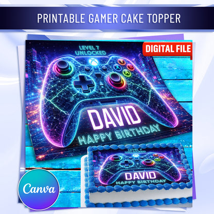 Neon Gamer Cake Topper – Edible Image for Kids Birthday Party, Gaming Controller Design