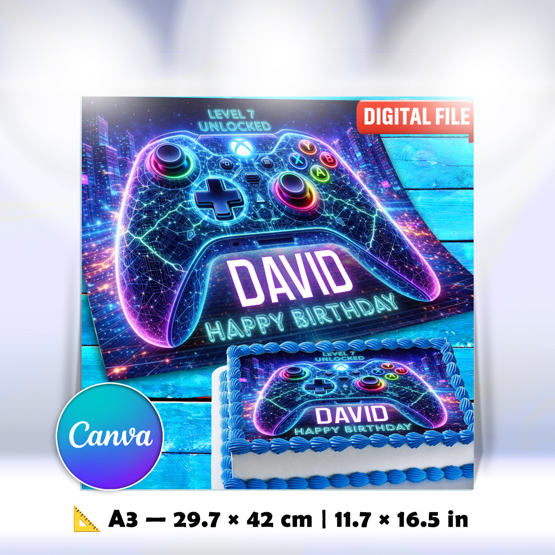 Neon Gamer Cake Topper – Edible Image for Kids Birthday Party, Gaming Controller Design