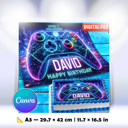 Neon Gamer Cake Topper – Edible Image for Kids Birthday Party, Gaming Controller Design