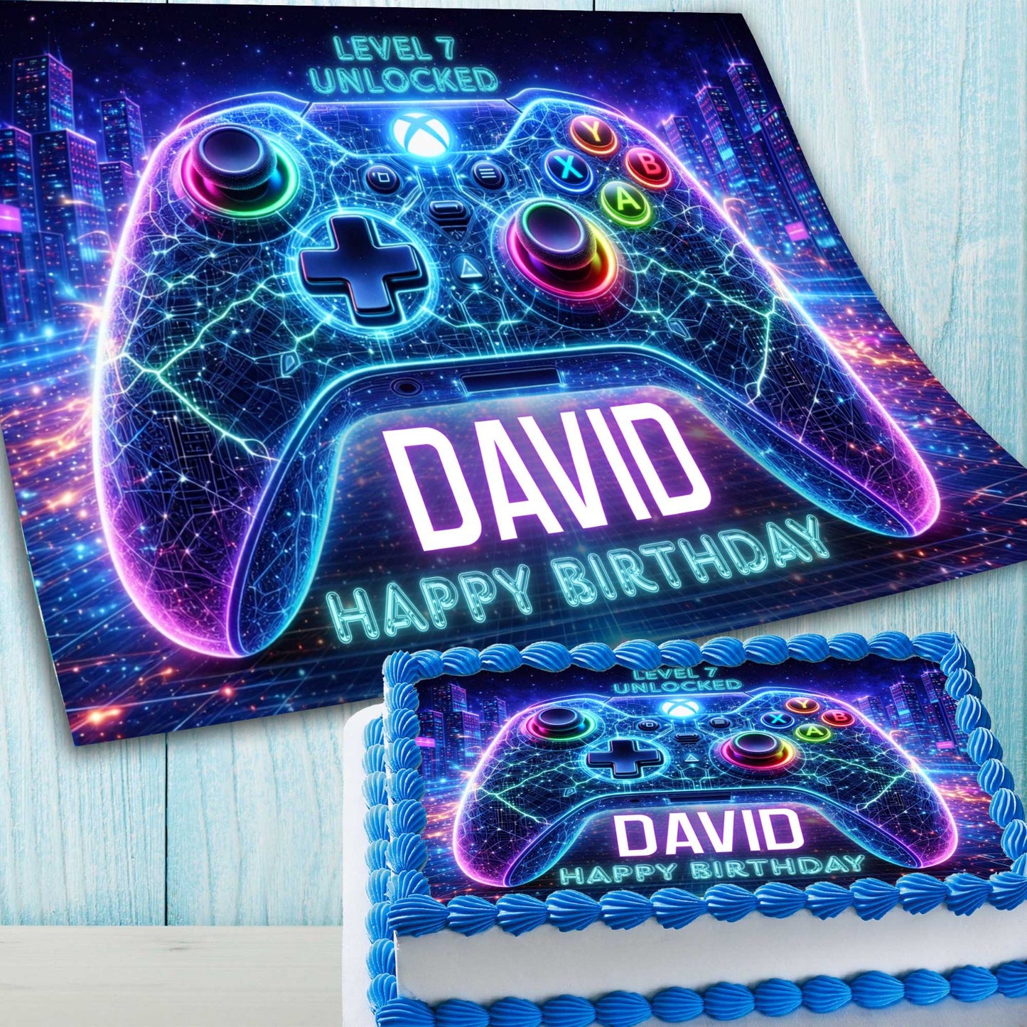 Neon Gamer Cake Topper – Edible Image for Kids Birthday Party, Gaming Controller Design
