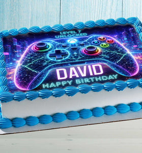 Neon Gamer Cake Topper – Edible Image for Kids Birthday Party, Gaming Controller Design