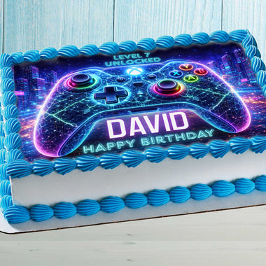 Neon Gamer Cake Topper – Edible Image for Kids Birthday Party, Gaming Controller Design