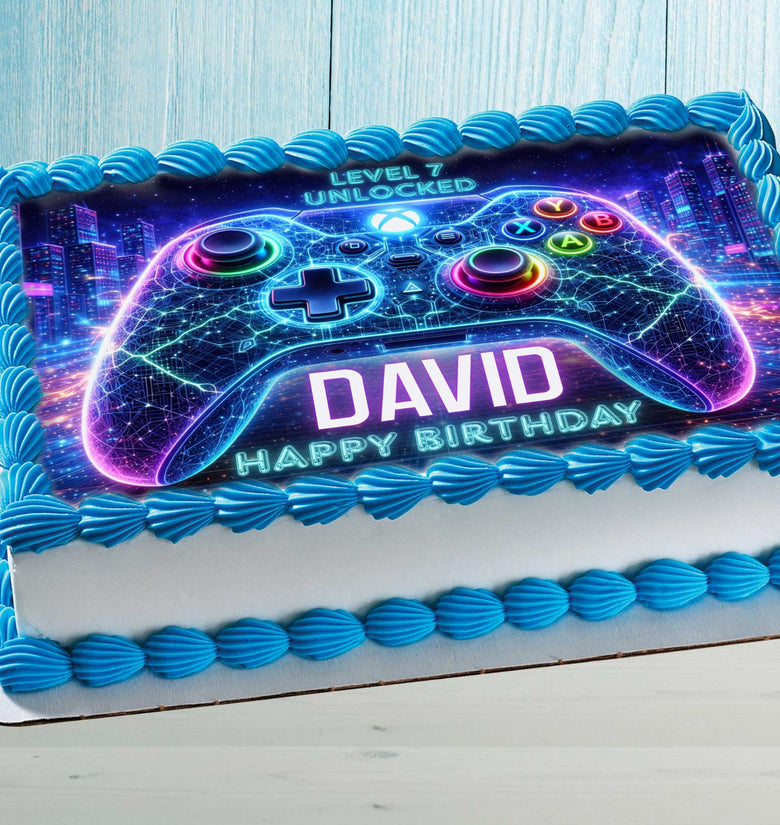 Neon Gamer Cake Topper – Edible Image for Kids Birthday Party, Gaming Controller Design