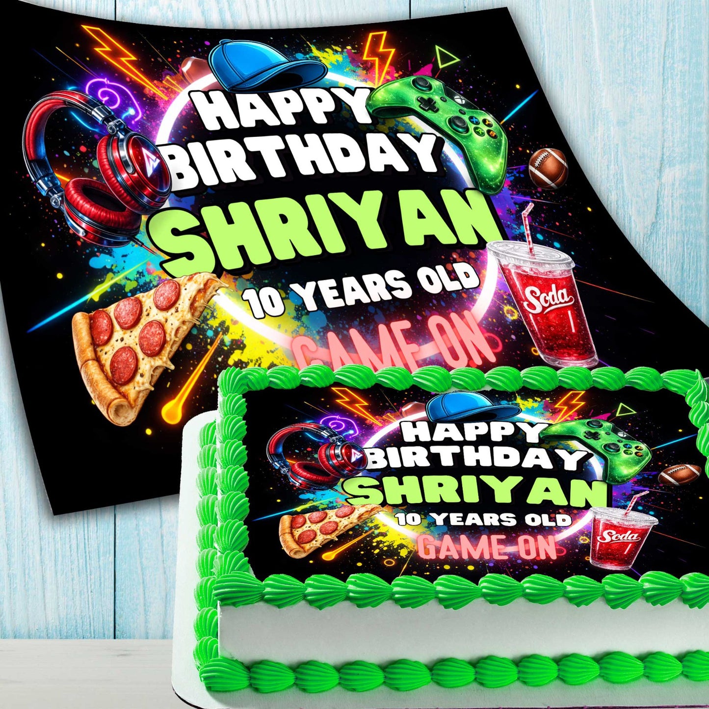 Neon gamer edible cake topper sheet with game controller design, ready to place on birthday cake