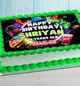 Neon gamer cake topper with glowing game controller, personalized birthday cake for kids gaming party