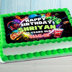 Neon gamer cake topper with glowing game controller, personalized birthday cake for kids gaming party