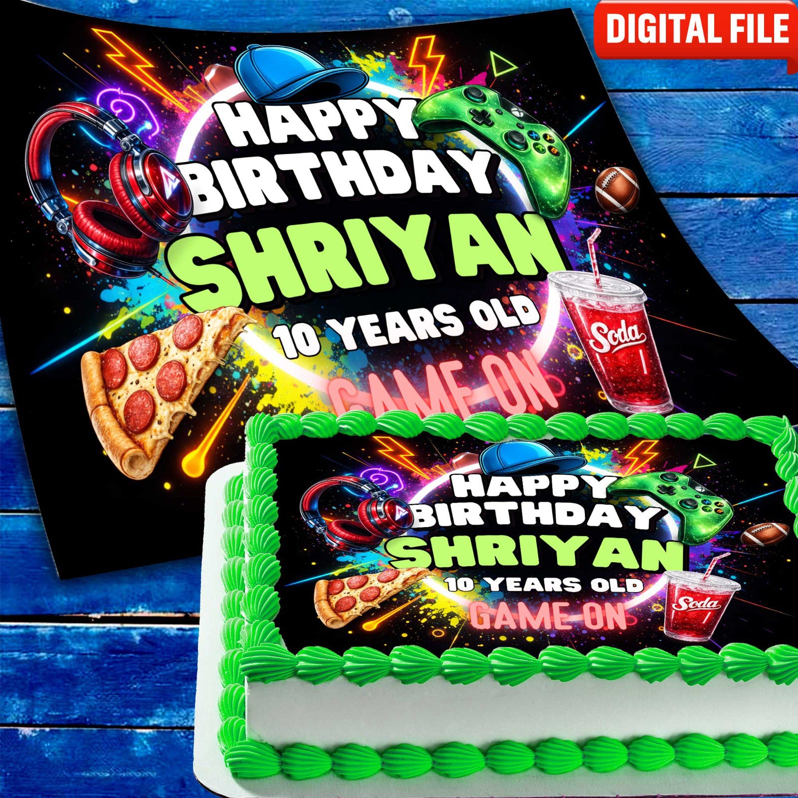 Close up of neon gamer edible cake topper showing glowing controller and gaming theme details