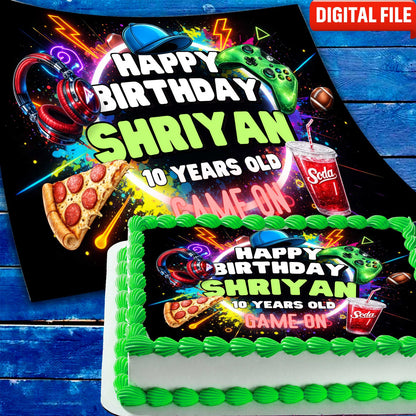 Close up of neon gamer edible cake topper showing glowing controller and gaming theme details