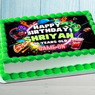 Neon gamer cake topper with glowing game controller, personalized birthday cake for kids gaming party