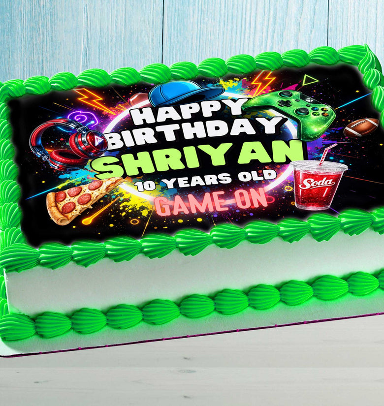 Neon gamer cake topper with glowing game controller, personalized birthday cake for kids gaming party