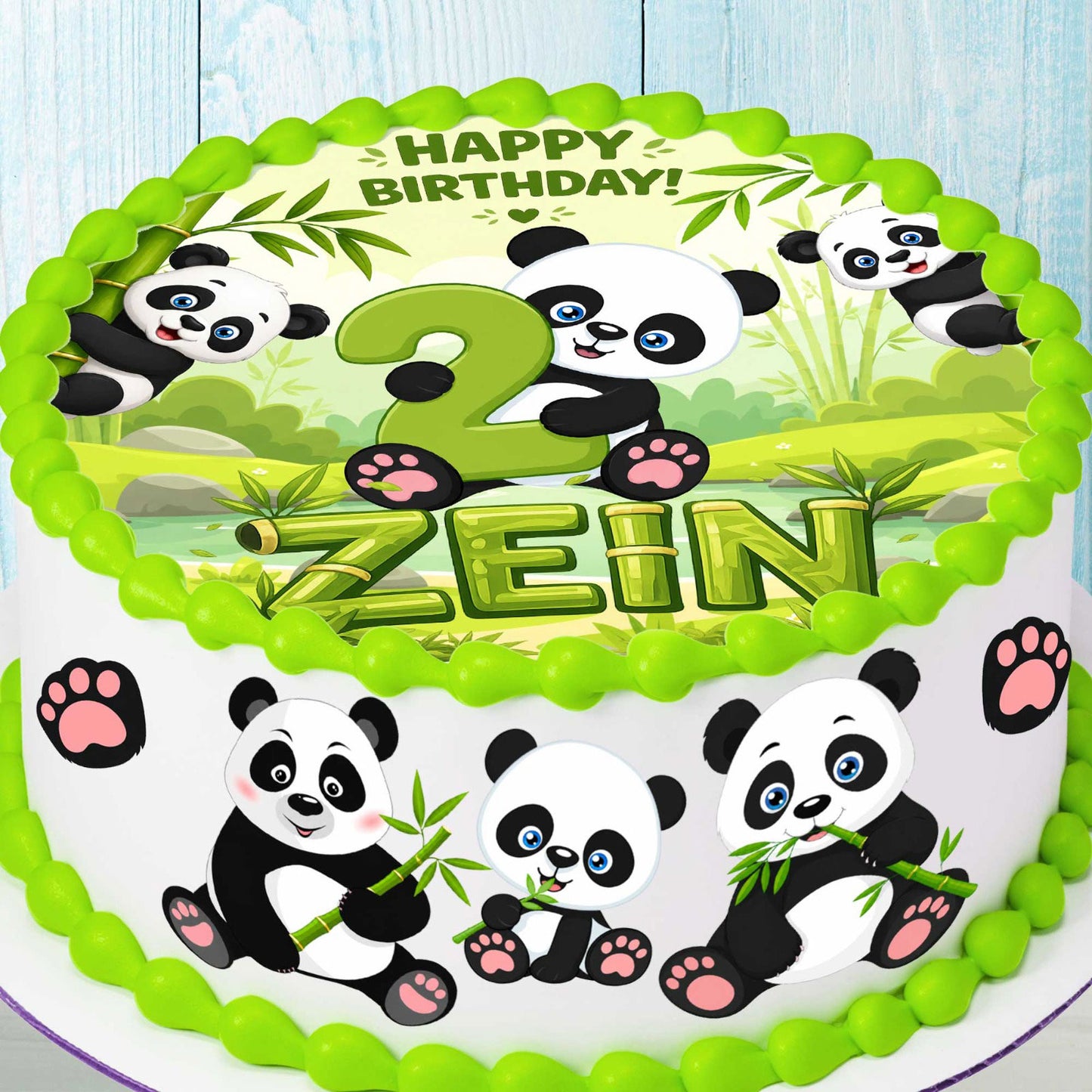Panda birthday cake toppers set of 8 precut edible images displayed on decorated birthday cake