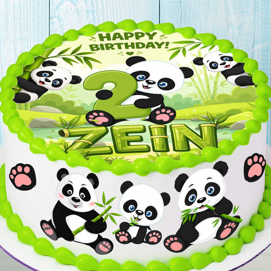 Panda birthday cake toppers set of 8 precut edible images displayed on decorated birthday cake