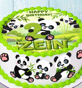 Panda birthday cake toppers set of 8 precut edible images displayed on decorated birthday cake