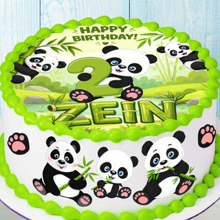 Panda birthday cake toppers set of 8 precut edible images displayed on decorated birthday cake