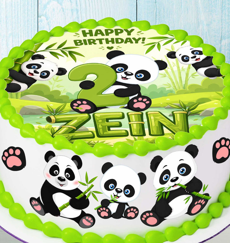 Panda birthday cake toppers set of 8 precut edible images displayed on decorated birthday cake