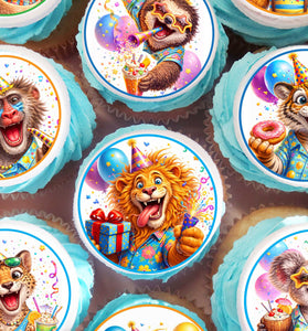 Animal cupcake toppers set of 24 edible jungle themed images on birthday cupcakes