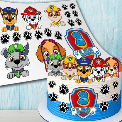 Paw Patrol edible cake toppers set of 18 on icing cake with name and age, kids birthday decoration