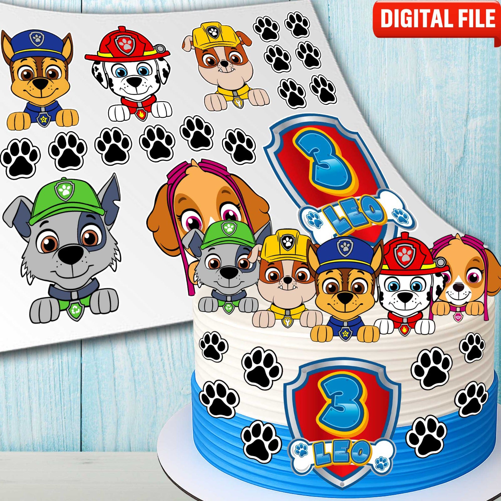 Paw Patrol cake toppers digital file, set of 18 edible images with characters, name and age