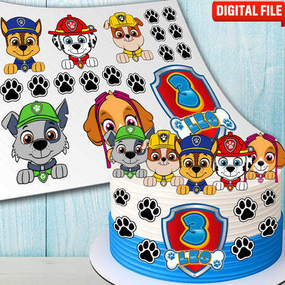 Paw Patrol cake toppers digital file, set of 18 edible images with characters, name and age