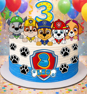 Paw Patrol birthday cake with edible toppers set of 18, personalized with name and age for kids party