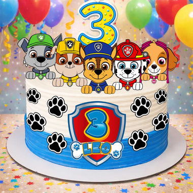 Paw Patrol birthday cake with edible toppers set of 18, personalized with name and age for kids party