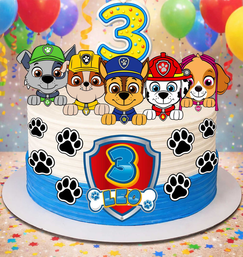 Paw Patrol birthday cake with edible toppers set of 18, personalized with name and age for kids party