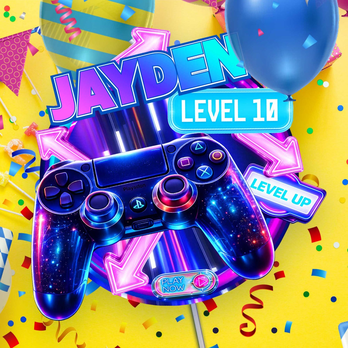 Personalized gaming cake topper with name Jayden and Level 10, neon controller design on birthday cake